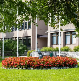 Kaupungintalon pihalla oleva lintupatsas kukkien seassa.