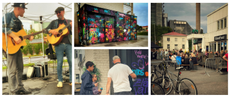 neljän kuvan kollaasi jossa kaksi henkilöä soittaa kitaraa roskakaton joka on täynnä spraymaalattuja sanoja ja kuvioita kolme henkilö maalaa spraymaaleilla ja yleiskuva harris food factoryn pihasta jossa paljon ihmisiä taustalla varkauden tehtaat.