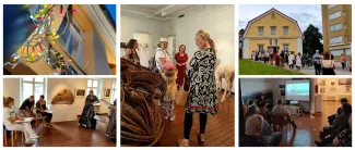 viiden kuvan kollaasi varkauden museoilta muotokuvapiirustusta opastus luontoveistosnäyttelyyn ulko-opastus luento museon näyttelytilassa ja lähikuva värillisistä ulkovaloista museon seinällä.