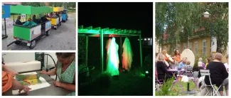 neljän kuvan kollaasi taiteilijatalo taideniitystä kalakukko katujuna vesiväri litografian tekoa valotaide installaatio ja pihalla kahvilassa ihmisiä herkuttelemassa ja soittamassa shamaanirumpuja