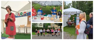 neljän kuvan kollaasi joissa ukuleleä soittava klovni naisia myymässä voheleita tanssivia nuoria ja ihmisiä seisomassa pihakatoksen edessä.