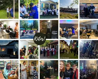 Kuvakollaasi, jossa ruudukossa kuvissa ihmisiä, valotaidetta ja rakennuksia. Kuvassa pallo, jossa teksti: Kiitos!