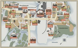 Piirretty kartta Vanha Varkaus-alueesta, kohteet kartalle merkitty pyöreillä kuvilla