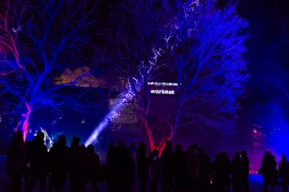 Lumotun Puiston valotaidetta. Kuvassa siniseksi värjäytyneitä puita, ihmisiä ja warkaus-heijastus 