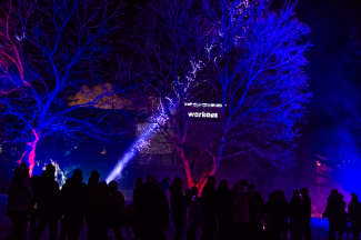 Lumotun Puiston valotaidetta. Kuvassa siniseksi värjäytyneitä puita, ihmisiä ja warkaus-heijastus 