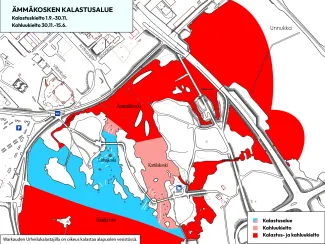 Kartta Ämmäkosken kalastusalueesta sekä kalastus- ja kahluukieltoalueista.