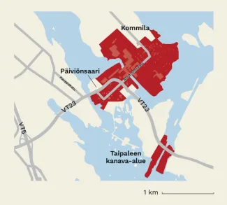 kuvassa on ote varkauden kaupungin kartasta jossa on osoitettu vanha varkaus alue.